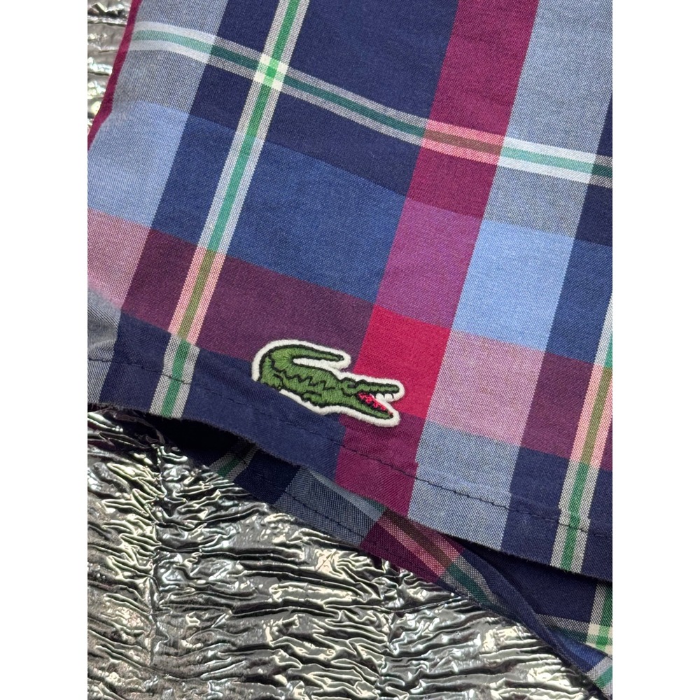 Lacoste Mens Plaid Swim Trunks Blue Red Purple Embroidered Logo Size L